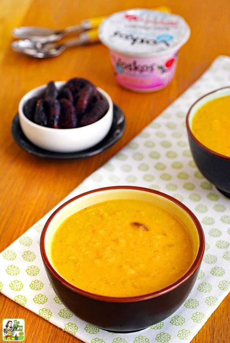 Bowls of Sweet Potato Soup, a bowl of figs, and a cup of fig yogurt.