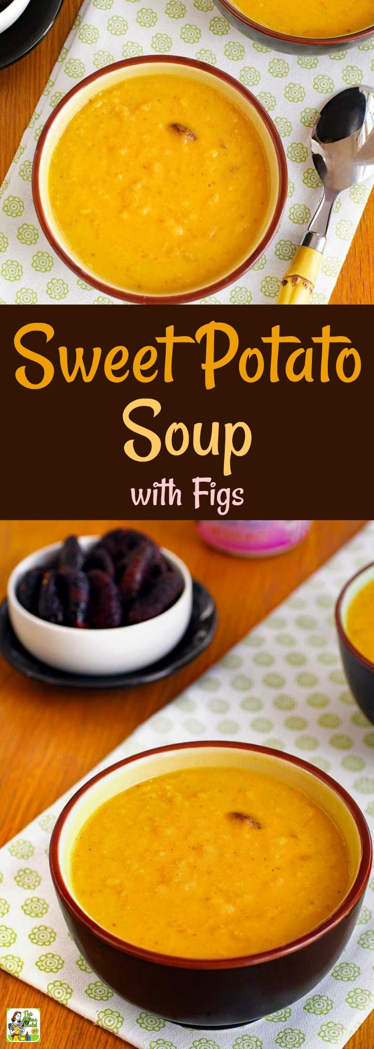 Pair this healthy, homemade sweet potato soup with a sandwich or salad for an easy weeknight dinner. This curry sweet potato soup recipe uses Greek yogurt and figs! (Don\'t like curry? Use Herbes de Provence instead.) This vegetarian sweet potato soup works for Meatless Monday, too! #recipe #easy #recipeoftheday #healthyrecipes #glutenfree #easyrecipes #sweetpotatoes #soup #vegetarian #meatlessmonday #yogurt #figs #healthy #healthysoup #homemadesoup