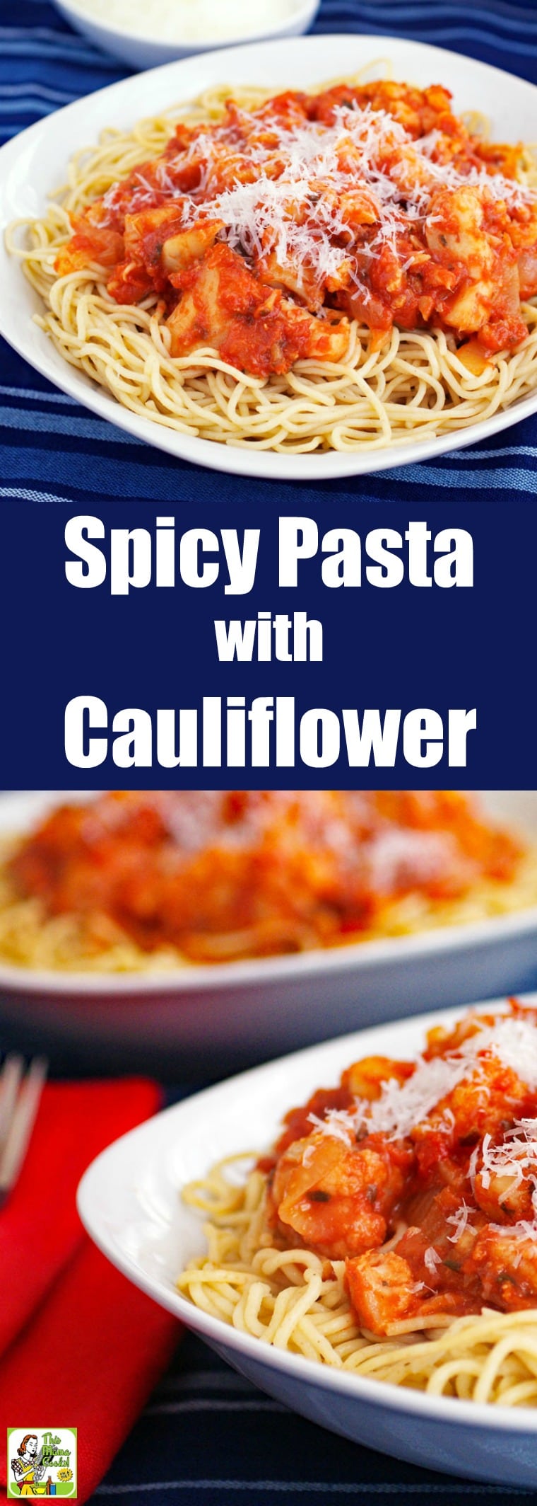 Spicy Pasta with Cauliflower is a vegetarian recipe and a wholesome alternative to meat sauce with spaghetti. This pasta with cauliflower dish is perfect for Meatless Mondays, too. Can be made with gluten-free pasta, high protein, whole wheat, or regular pasta. #recipes #easy #recipeoftheday #glutenfree #easyrecipe #easyrecipes #glutenfreerecipes #dinner #easydinner #dinnerrecipes #dinnerideas #pasta #cauliflower