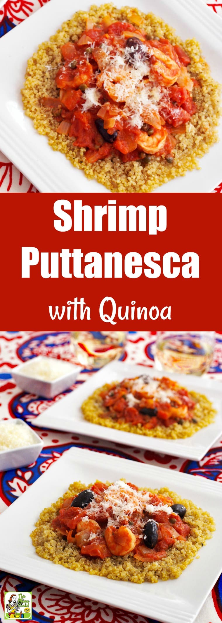 Shrimp Puttanesca can be made in 30 minutes. Based on spaghetti alla puttanesca, it’s made with olives, tomatoes, garlic, capers, wine, and onions. To keep it gluten-free, it\'s served on quinoa, but you can dish up this quick and easy dinner recipe on to gluten-free pasta or whole wheat spaghetti. #recipes #easy #recipeoftheday #glutenfree #easyrecipe #easyrecipes #glutenfreerecipes #dinner #easydinner #dinnerrecipes #dinnerideas #pasta #quinoa #shrimp