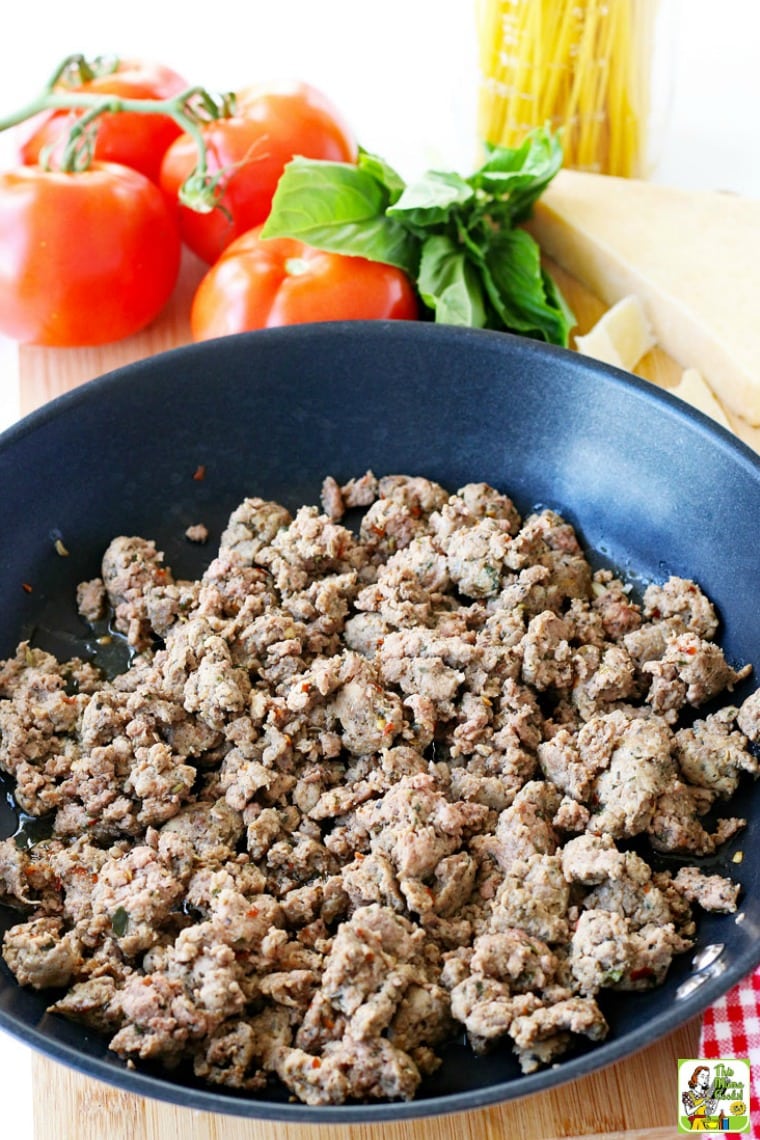 Browned homemade Italian sausage in a frying pan.