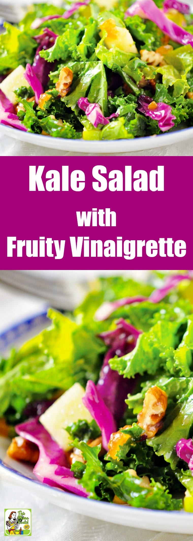Kale Salad with Fruity Vinaigrette will make you fall in love with kale. The kale salad dressing is made with apple cider vinegar, apricot preserves, lemon juice, and Dijon mustard. Makes an easy side salad. Or add chicken to make a full meal. #recipes #easy #recipeoftheday #glutenfree #easyrecipe #easyrecipes #glutenfreerecipes #dinner #easydinner #dinnerrecipes #dinnerideas #salad #saladrecipes