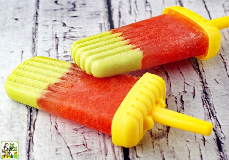 Avocado & Watermelon Ice Pops with yellow handles.