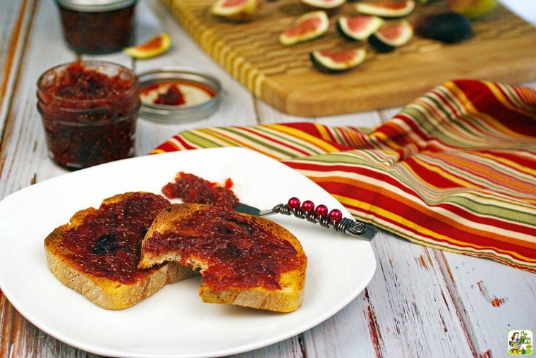 A plate with Fig Ginger Jam on toast and in a jar.