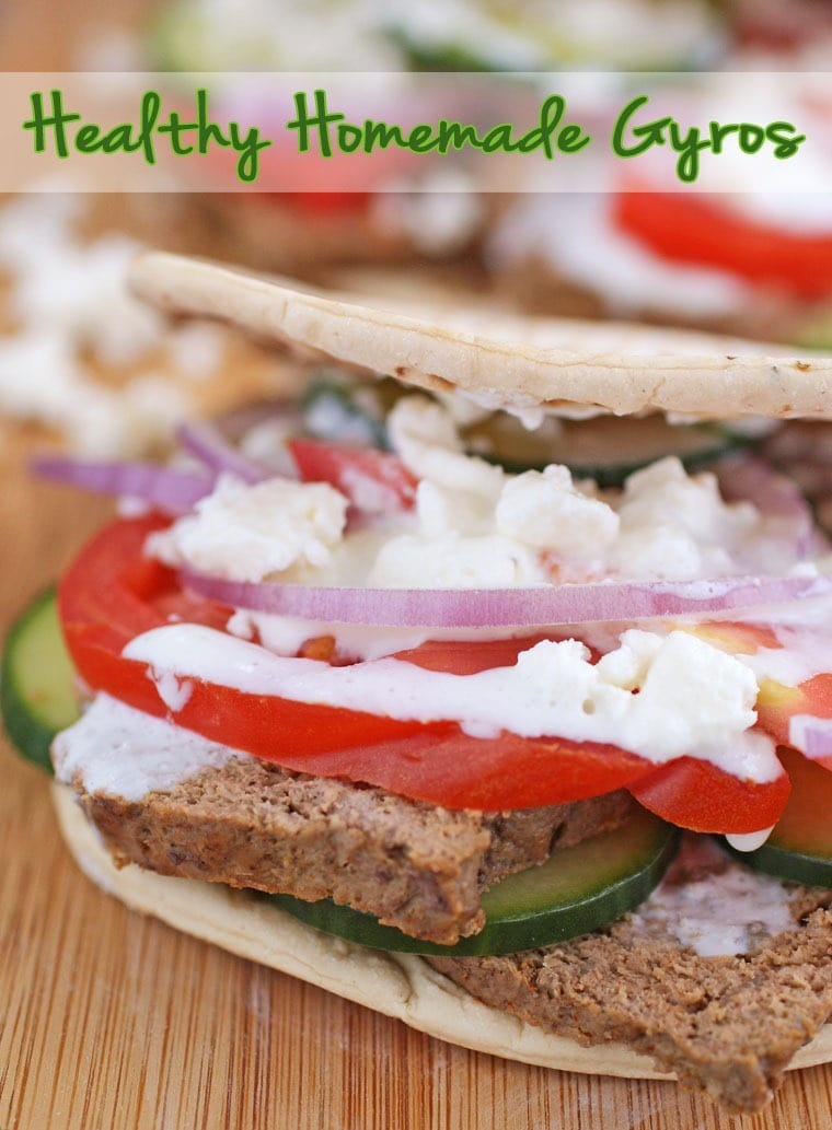 Closeup of Healthy Homemade Gyros on a wooden tray.
