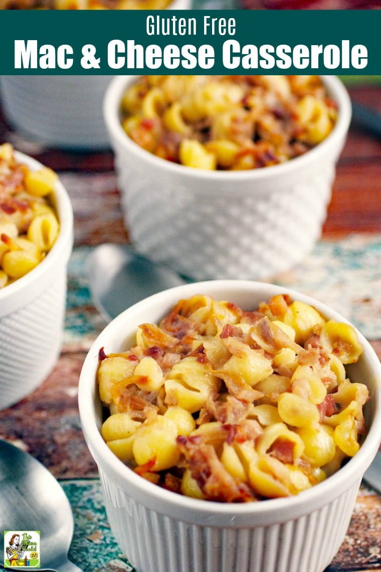 Closeup of White Ramekins of Gluten Free Mac & Cheese Casserole with Silver Spoons.