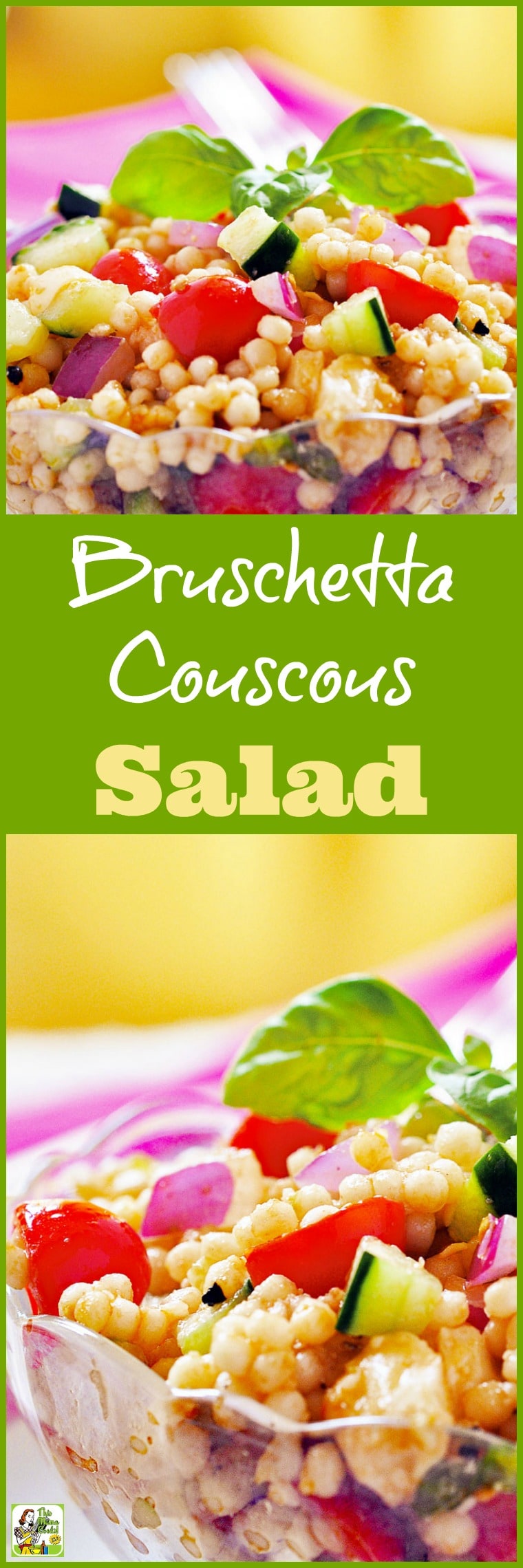 Bruschetta Couscous Salad recipe. It\'s an easy-to-make vegetable-based side dish or a healthy dinner entree. Comes with a gluten-free option made with quinoa. #recipes #easy #recipeoftheday #healthyrecipes #glutenfree #easyrecipes #salad #saladrecipes #dinner #easydinner