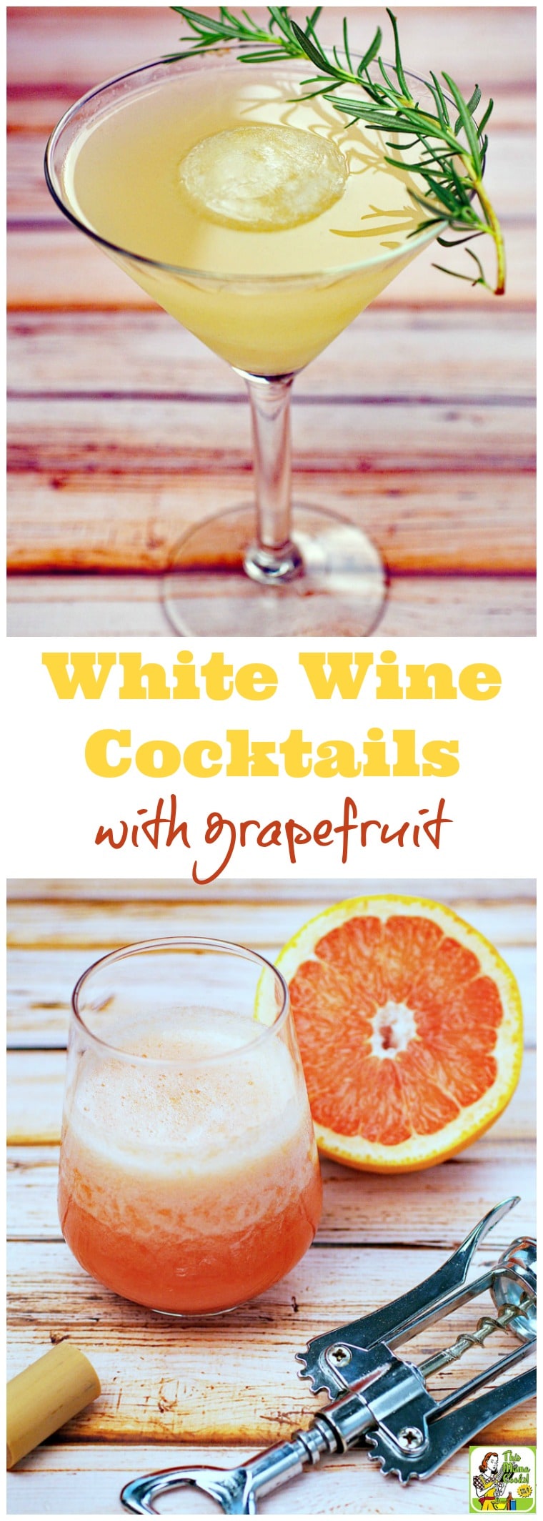 Two white wine cocktail recipes made with grapefruit. The Frozen Wine Cocktails recipe features whole pieces of frozen grapefruit. The Skinny White Wine Cocktails recipe is lightened up with grapefruit seltzer. Both are sweetened with no calorie stevia. Click to get these no guilt cocktails that are perfect for Mother's Day brunches, summer BBQs, or girls night in parties.