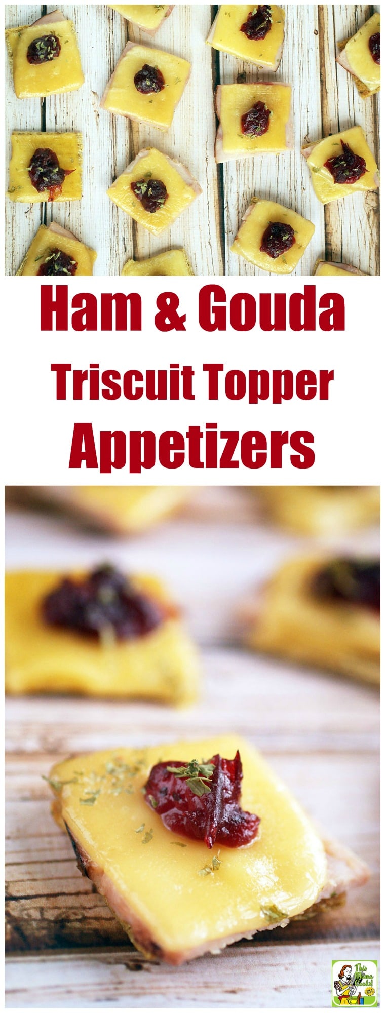 Ham & Gouda Triscuit Topper appetizers are a great way to use up leftover ham and cranberry sauce. Try this appetizer recipe with leftover turkey instead of ham. #partyfood #appetizers #appetizerrecipes #cranberries #cheese #ham #easyrecipes