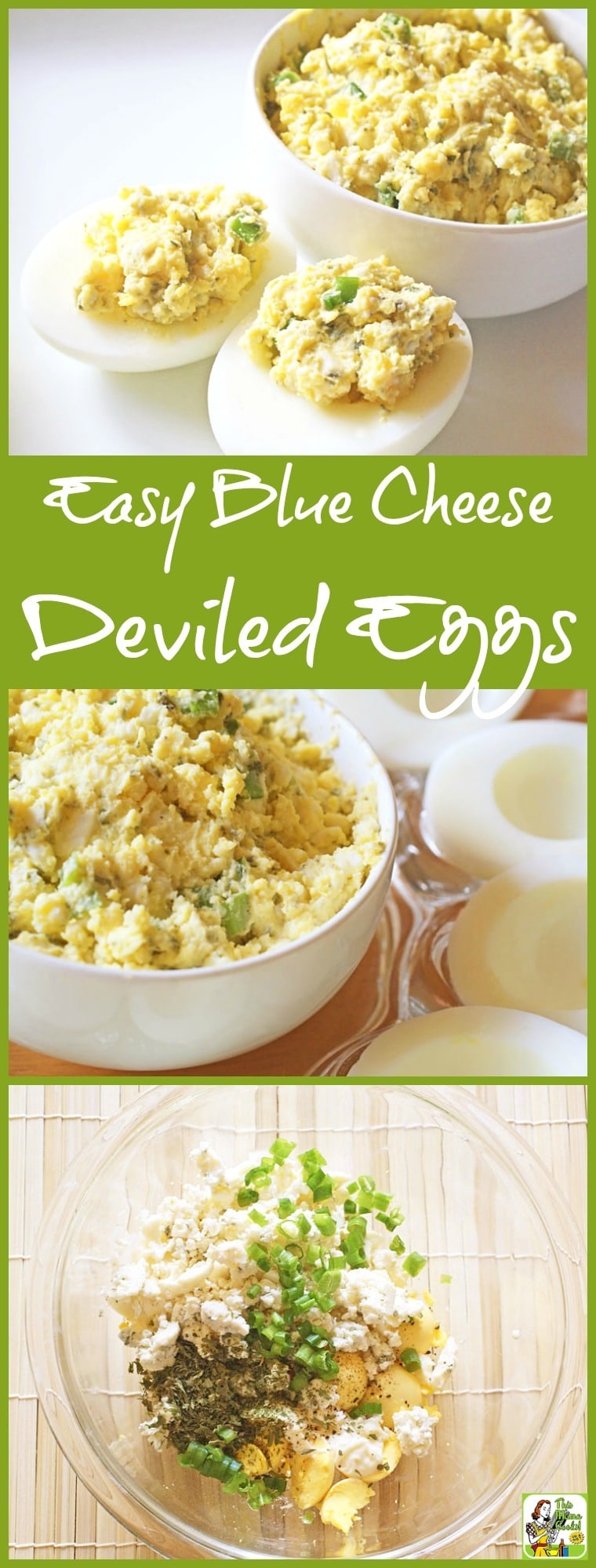 Collage of blue cheese deviled eggs on plates and in bowls.