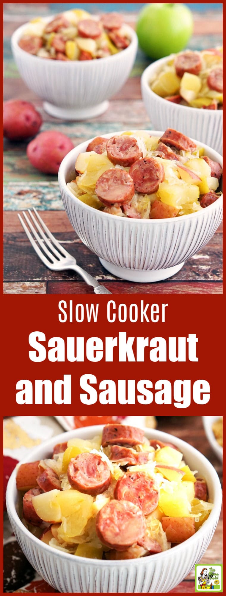 Looking for a gluten free Crock-Pot recipe? This Slow Cooker Sauerkraut and Sausage with Apples and Potatoes takes only 15 minutes to prepare! Makes a great party or potluck recipe, too. #slowcooker #crockpot #glutenfree #glutenfreerecipes #dinner #easydinner #recipe #sausage #apples #potatoes