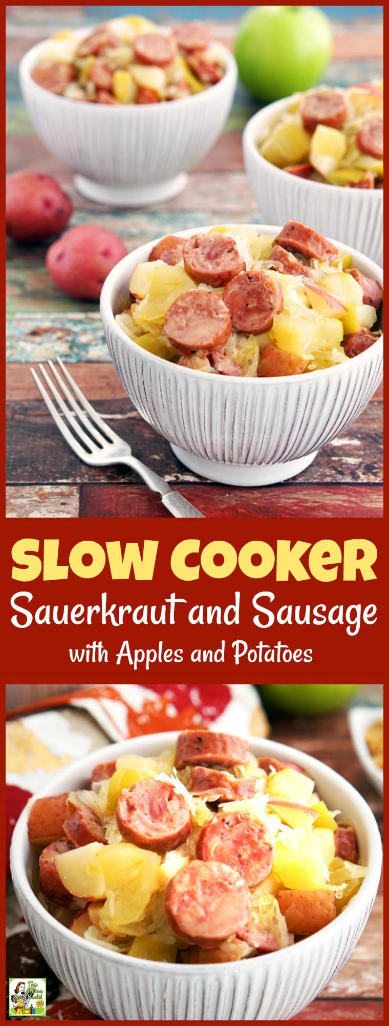 Are you looking for a gluten free Crock-Pot recipe? This Slow Cooker Sauerkraut and Sausage with Apples and Potatoes takes only 15 minutes to prepare! Makes a great party or potluck recipe, too. #recipe #easy #recipeoftheday #healthyrecipes #glutenfree #easyrecipes #dinner #easydinner #sausage #sauerkraut #apples #potatoes #slowcooker #crockpot