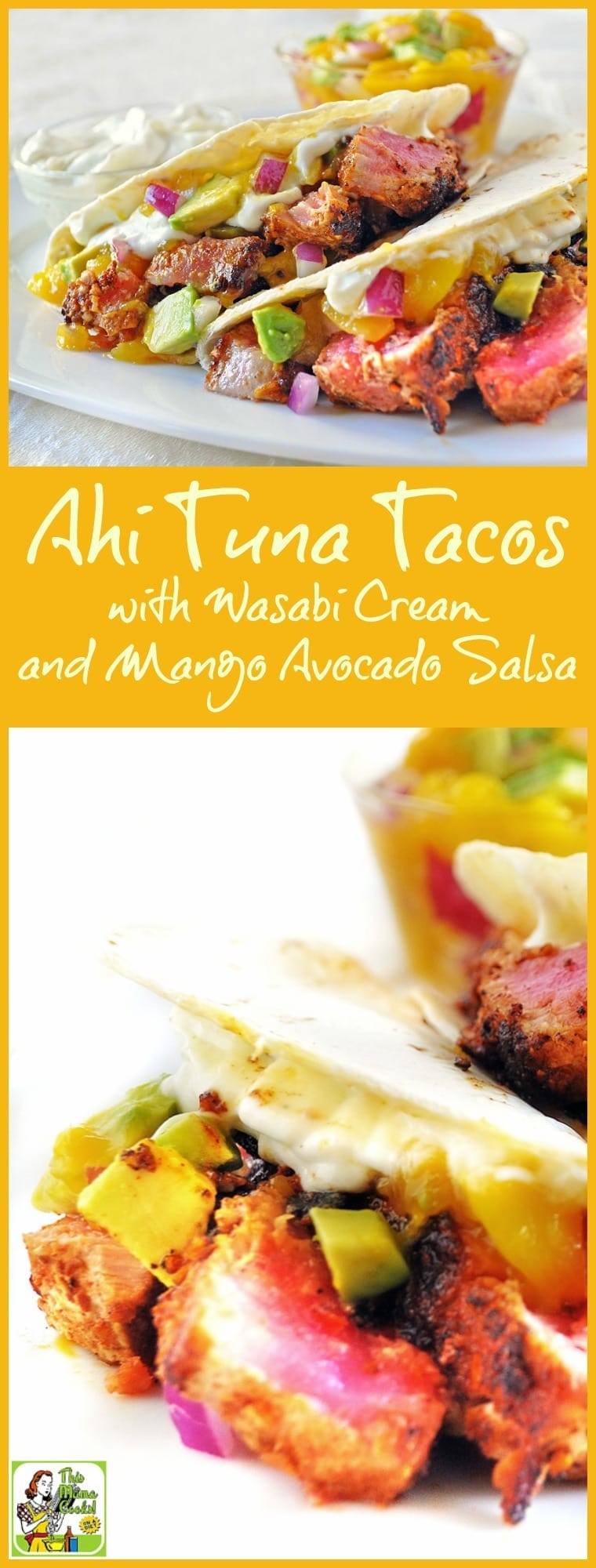 Do you love fish tacos? Then you\'ll love this healthy Ahi Tuna Tacos with Wasabi Cream and Mango Avocado Salsa recipe. Make it for dinner or grill the ahi tacos for a summertime party! Click to get this easy & healthy fish recipe. #recipes #easy #recipeoftheday #healthyrecipes #glutenfree #easyrecipes #fishtacos #fishrecipes #tacos #tacorecipes #tacotuesday