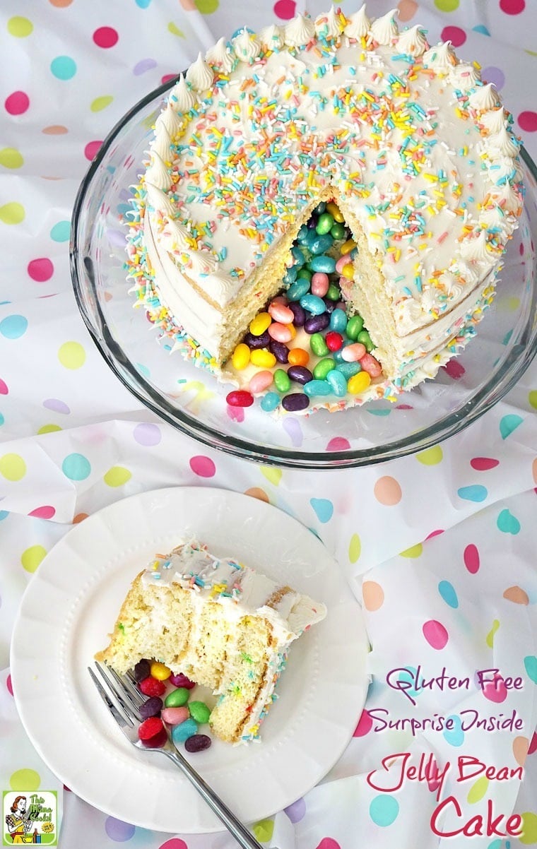 Overhead of a Surprise Inside Jelly Bean Cake and a slice of pinata cake on a plate.