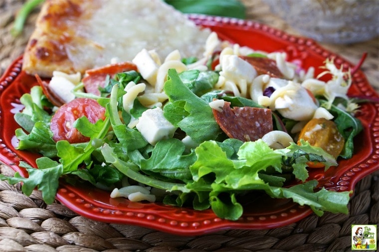 Caprese Pasta Salad on a red plate with a slice of pizza.