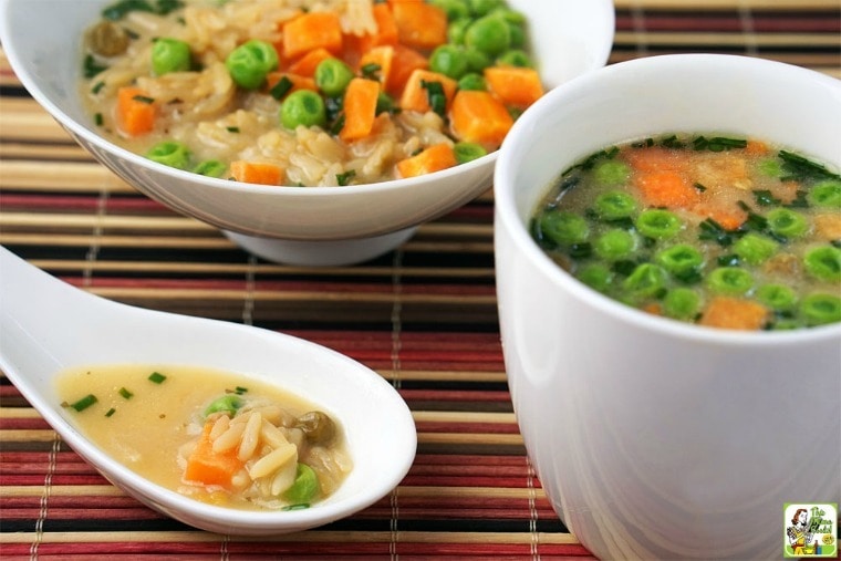 Bowls, cups and spoons of Miso Soup with Rice.