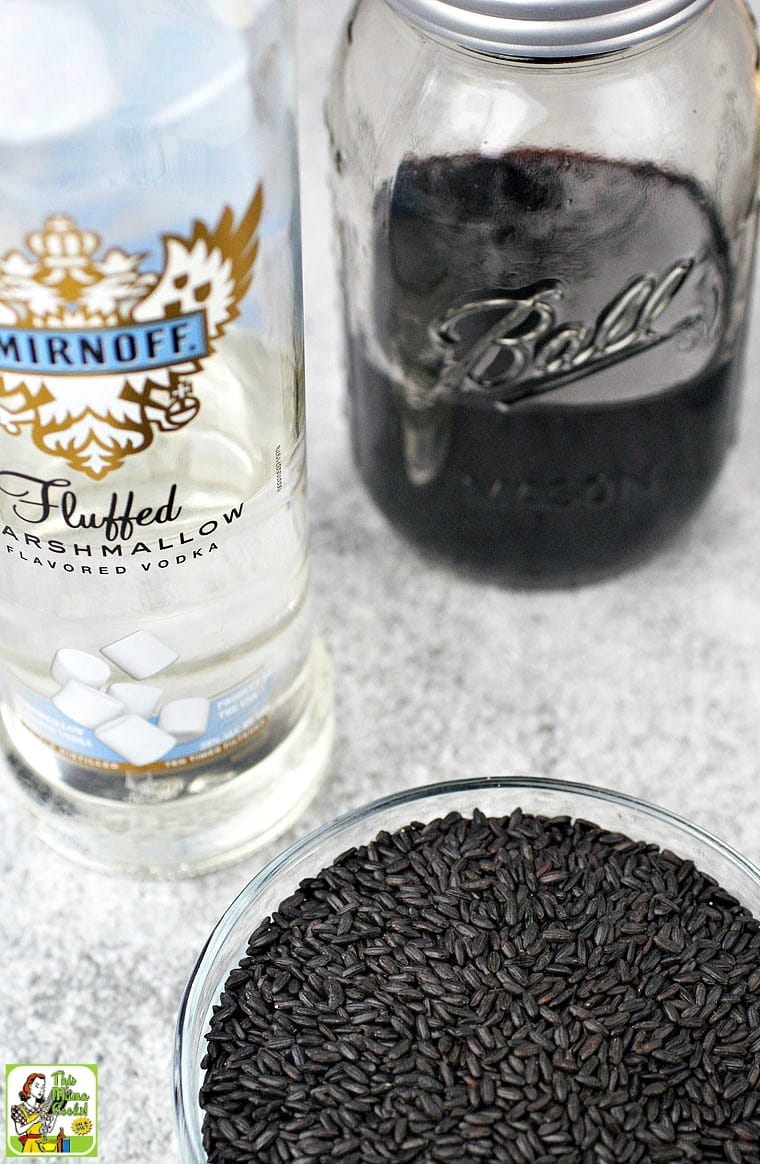 Ingredients for making black vodka for black cocktails: black rice, marshmallow vodka, and a Ball jar.