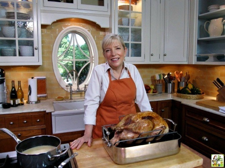 Sara Moulton making gravy and turkey in a kitchen. 