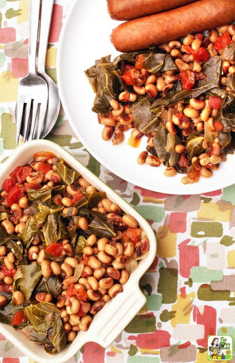 A dish and plate of black-eye peas and collard greens hoppin john with sausage.