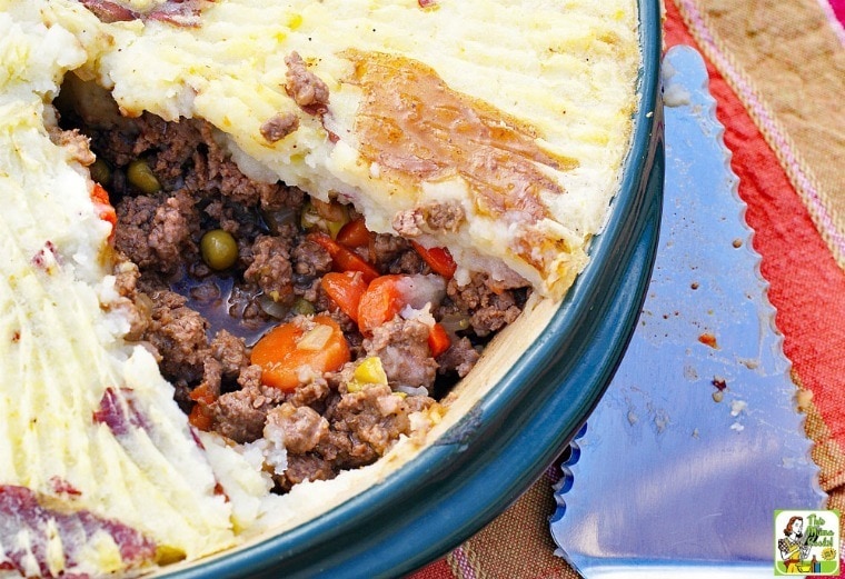 A dish of Gluten Free Shepherd's Pie with pie server.