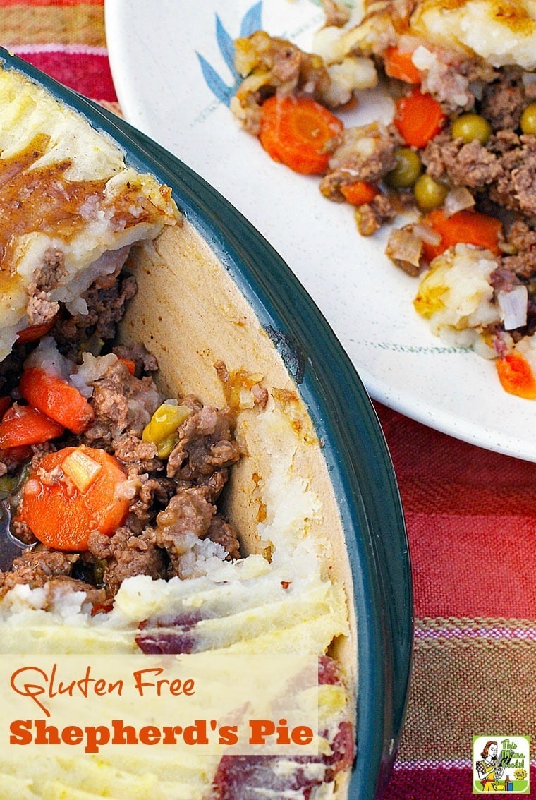 Closeup of Gluten Free Shepherd's Pie in a casserole dish and on a plate.