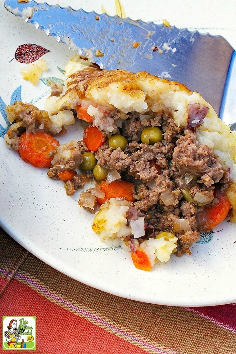 Closeup of a slice of Shepherd's Pie on a dinner plate.