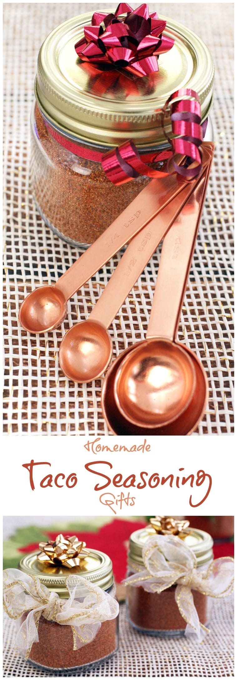 Homemade taco seasoning makes a terrific inexpensive last minute gift. It\'s also gluten free and dairy free unlike store bought taco seasoning. Get this easy to make homemade taco seasoning mix recipe. #homemadegift #tacoseasoning #taconight #masonjars #easyrecipe #glutenfree #dairyfree