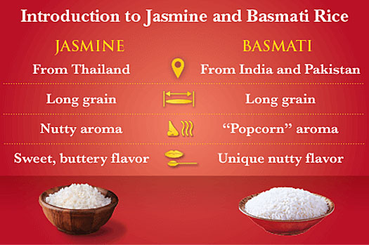 Table showing difference between jasmine vs. basmati rice.