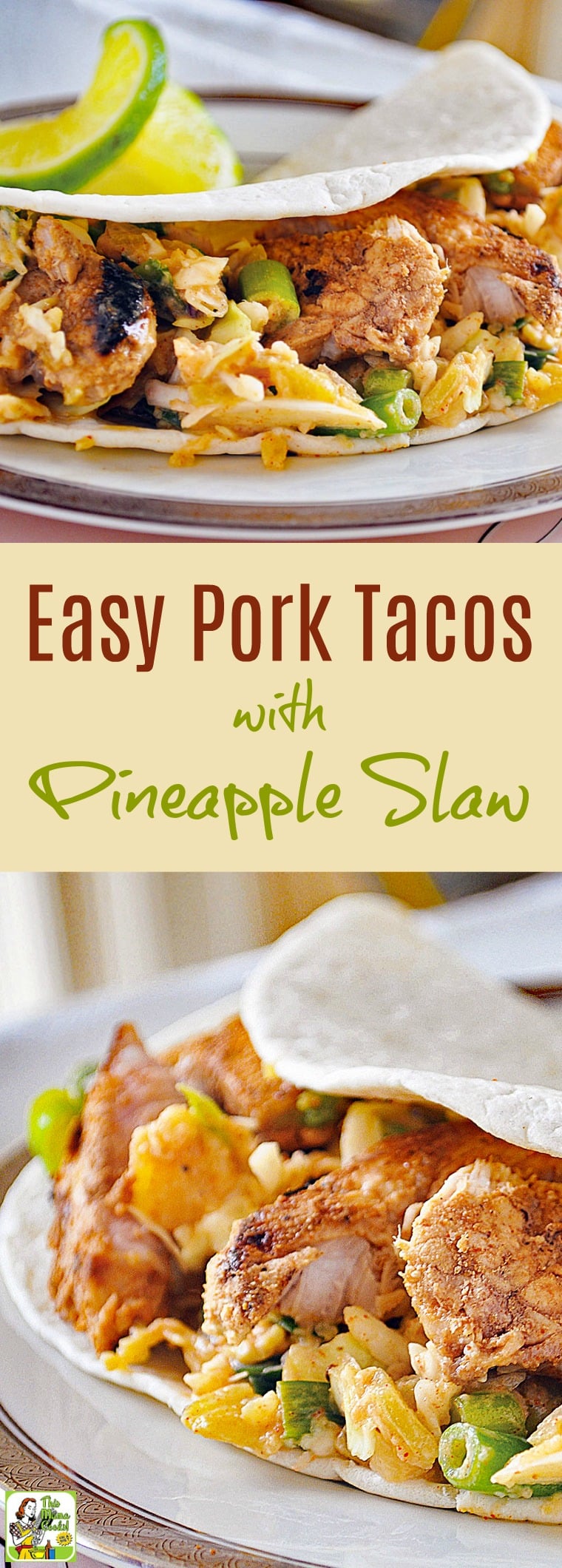 This Easy Pork Tacos with Pineapple Slaw is perfect for busy weeknights. Make on the stovetop or outside on the grill. Serve on flour tortillas or gluten free corn tortillas. Can be made dairy free, too. Click to get this easy and healthy pork taco recipe. Diabetic friendly! #recipe #easy #recipeoftheday #healthyrecipes #glutenfree #easyrecipes #tacotuesday #tacos #pork #porktacos #diabetes #diabeticfriendly #pineapple #slaw