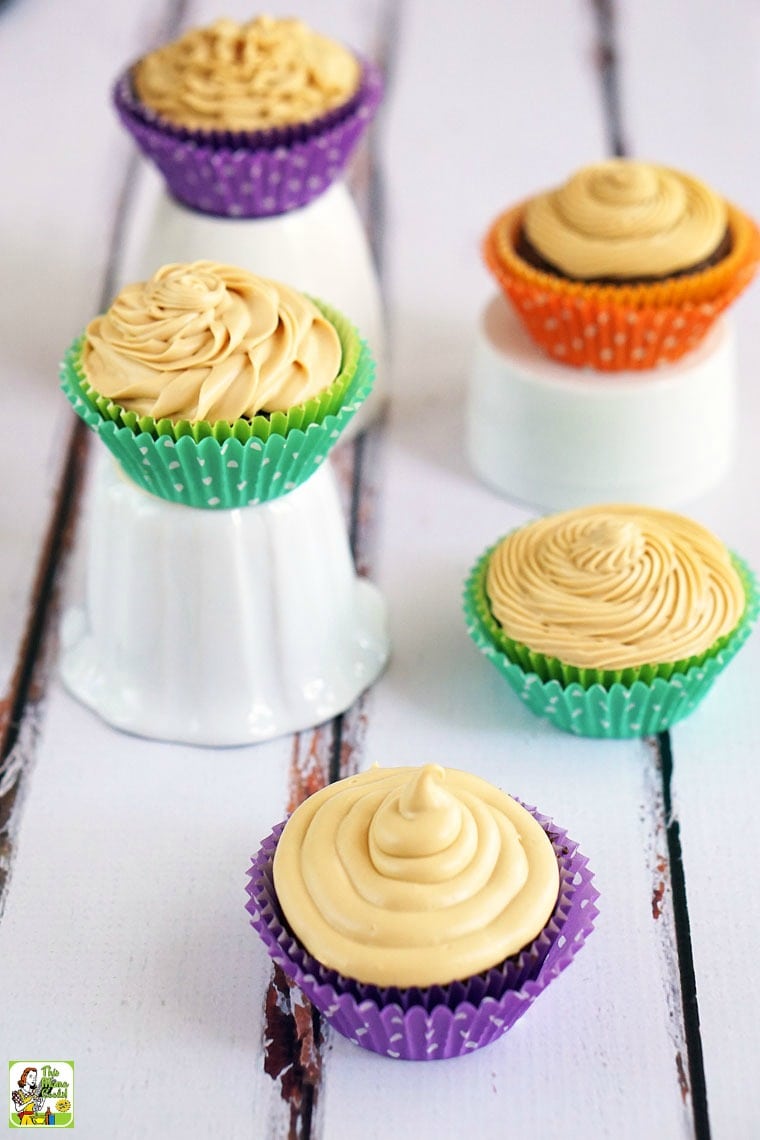 Chocolate Cupcakes with Dulce de Leche Frosting with colorful cupcake liners.