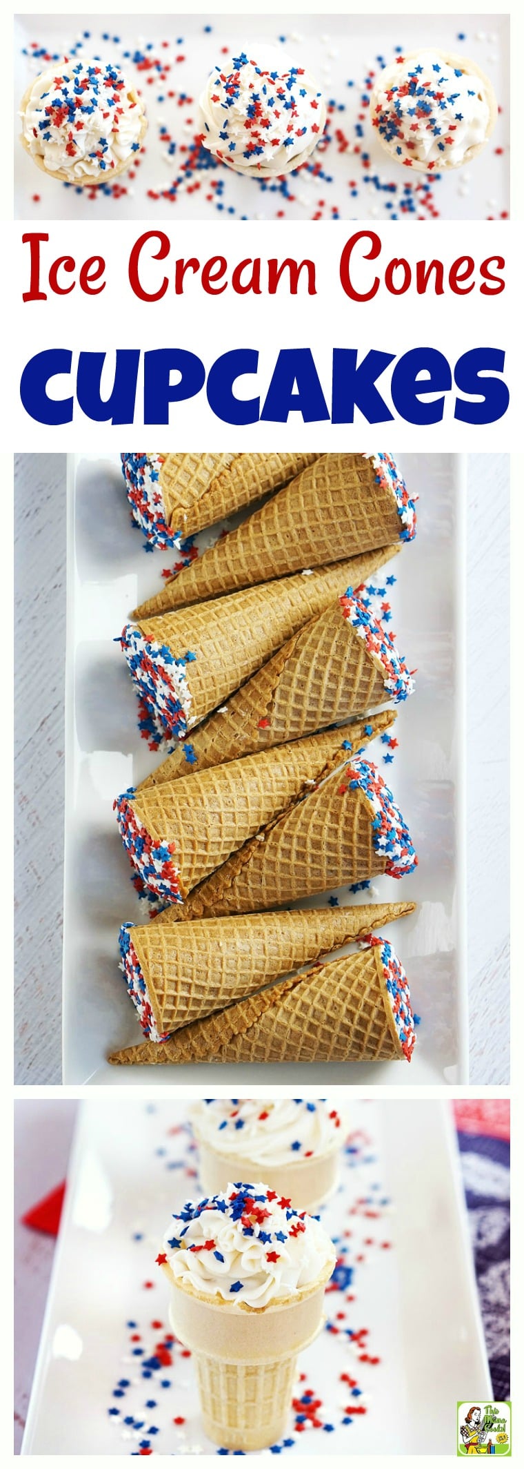 Make these ice cream cones cupcakes for your next cookout, tailgate, Labor Day, Memorial Day or Fourth of July party. Perfect for summer since they don't melt, these ice creme cone cupcakes are made with gluten free cake mix and frosting. Super easy to make! The kids will love them! #recipe #cupcake #dessert #cupcakes #baking #fourthofjuly #easy #dessertrecipes #recipeoftheday #partyfood #cakedecorating #healthyrecipes #icecream #frosting