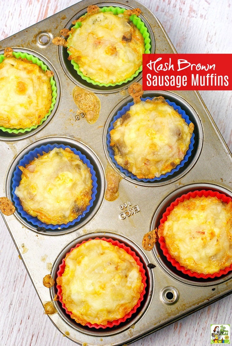 Hash Brown Sausage Muffins in a muffin tin.