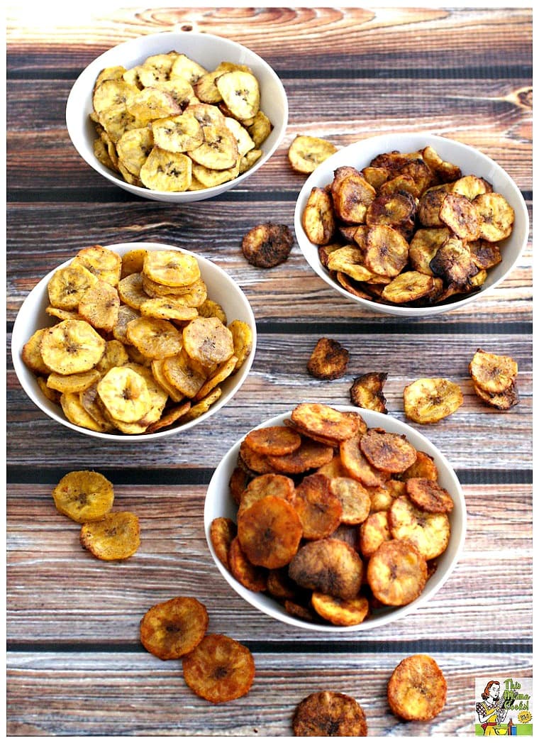 Four bowls of baked plantain chips recipe flavored four ways.