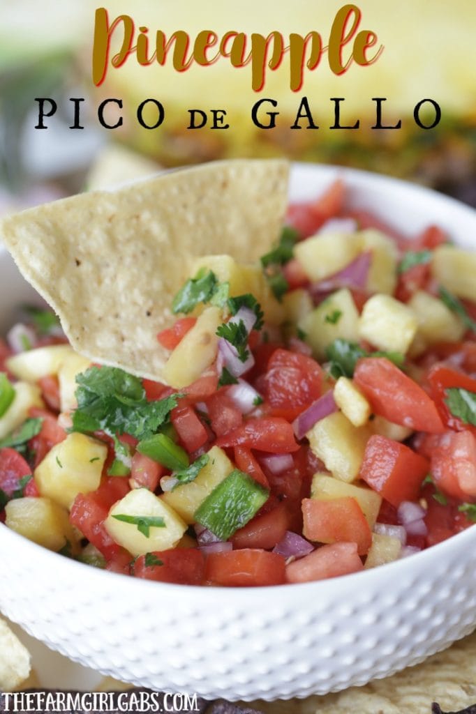 Bowl fo Pineapple Pico de Gallo with tortilla chip.