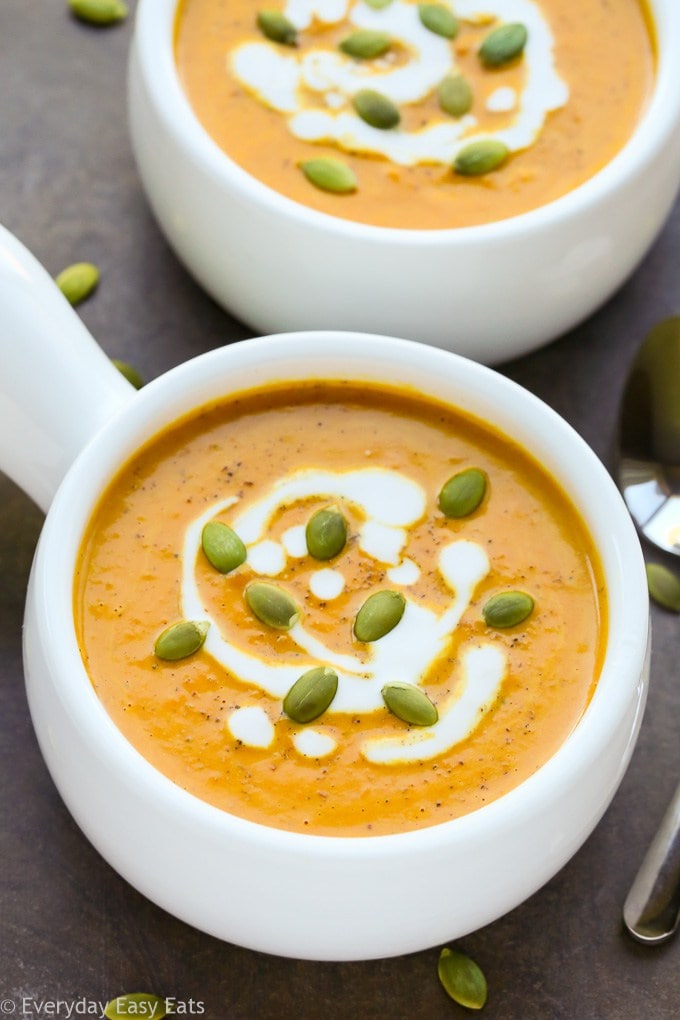 A bowl of Curried Pumpkin Coconut Soup.