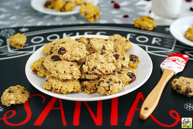 A white plate of gluten free oatmeal cookies with chocolate chips and dried cranberries.