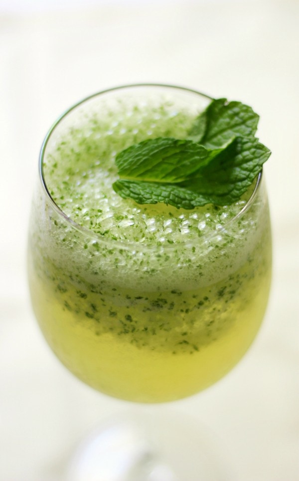 Glass of Frosty Coconut Mint Green Tea Mocktail.