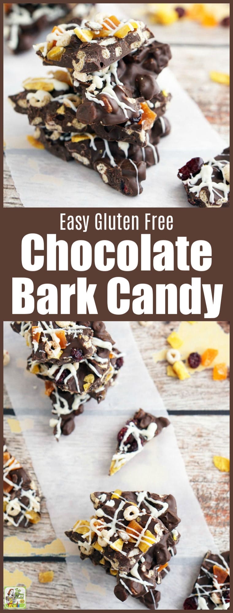 This Easy Gluten Free Chocolate Bark Candy makes an awesome snack. This easy to make bark candy recipe is made Frosty Cheerios, dried fruit, and candy melts or semi-sweet dark chocolate. Great for homemade candy DIY gifts and Christmas holiday cookie exchanges. #chocolate #homemade #candy #holiday #holidayrecipes #Christmas #glutenfree #glutenfreerecipes #recipe #recipes #snacks #bark #cookies