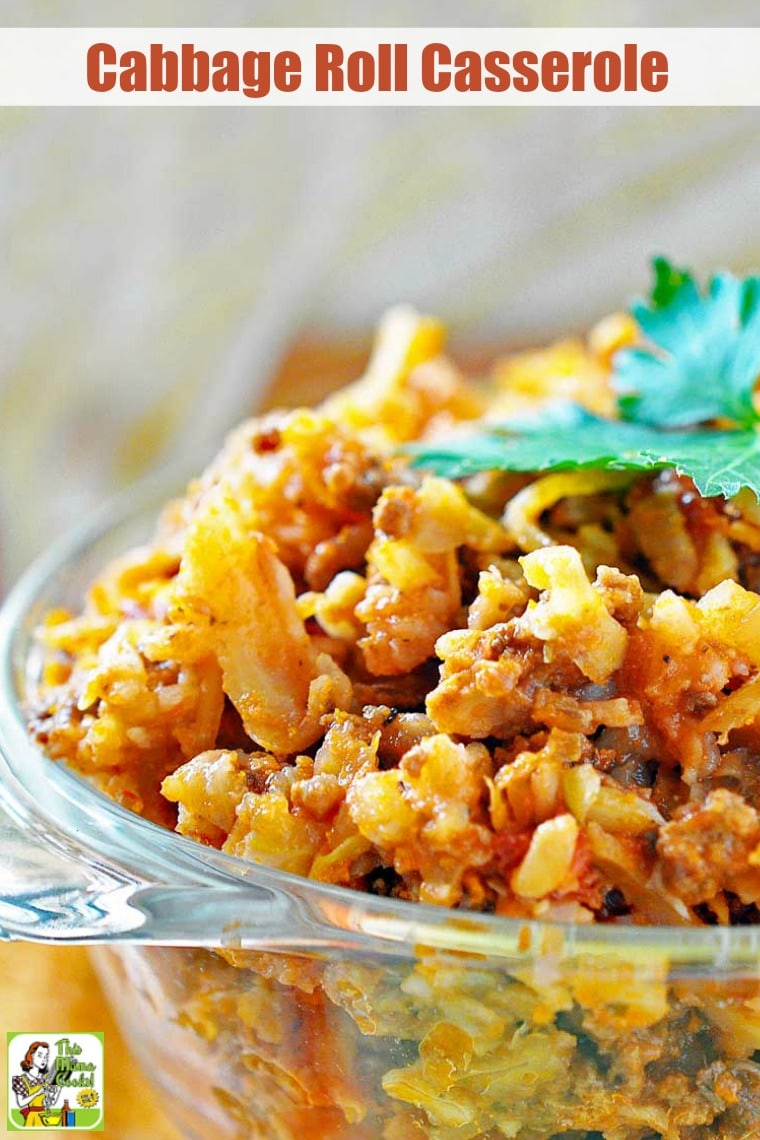 Closeup of a glass bowl of Cabbage Roll Casserole.