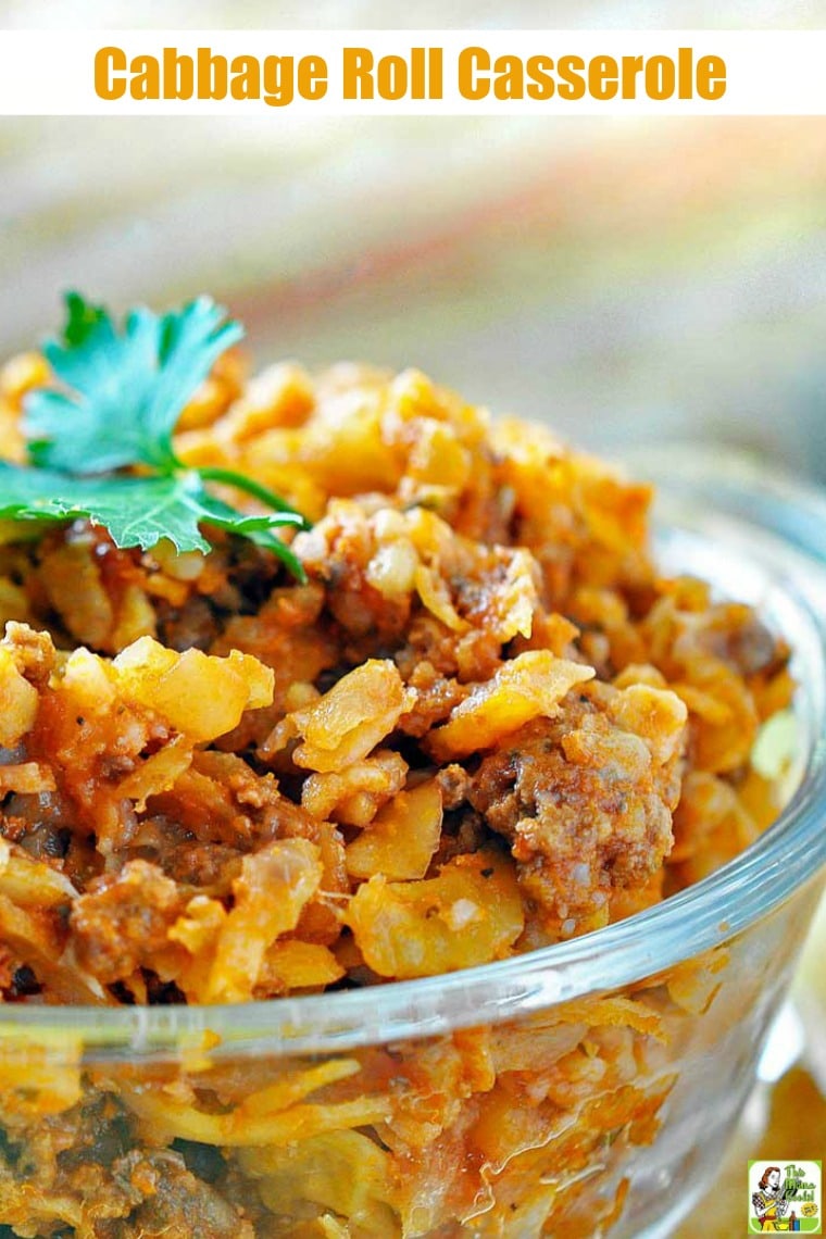 Closeup of a glass bowl of Cabbage Roll Casserole.