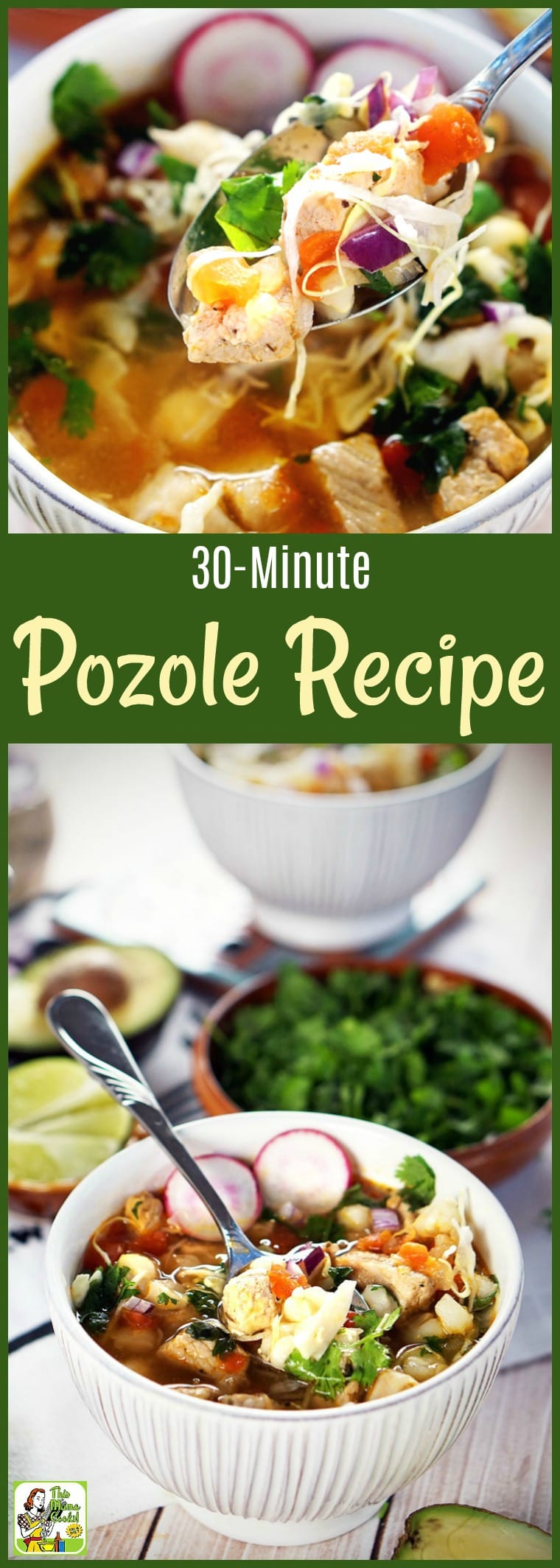 Want to know how to make pozole in less than 30 minutes? This pork pozole recipe combines pozole verde and pozole rojo. Can be made with chicken, too! #pork #soup #pozole #posole #Mexicanfood #under30 #30minutes #recipe #easy #recipeoftheday #healthyrecipes #glutenfree #easyrecipes