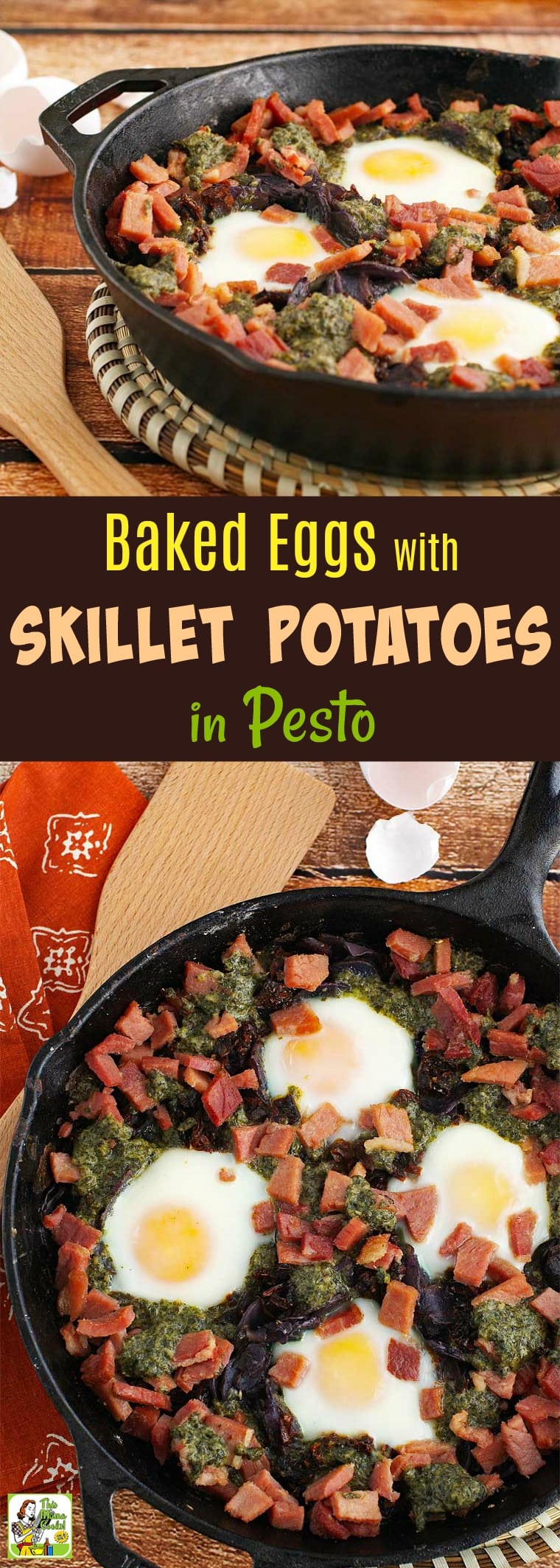 Do you make skillet potatoes for breakfast? Then you\'ll love this baked eggs recipe made with pesto and sun dried tomatoes. Baked Eggs with Skillet Potatoes in Pesto would also make a terrific brinner (breakfast for dinner) dish. Serve it with a side salad and toast. Naturally gluten free. #Breakfast #Brinner #SkilletPotatoes #SkilletEggs #SkilletPotatoes #BakedEggs #GlutenFree #Pesto #Potatoes #OnePot