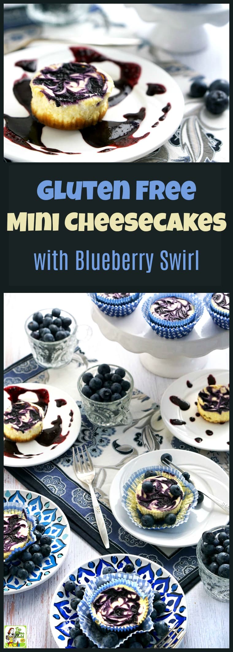 Gluten Free Mini Cheesecake with Blueberry Swirl is a guilt-free dessert recipe because they\'re made with blueberries, non-fat Greek yogurt, low-fat cream cheese & monk fruit sweetener. This gluten-free mini cheesecake recipe is the ideal dessert for parties & tailgating! #recipe #easy #recipeoftheday #healthyrecipes #glutenfree #easyrecipes #snack #snacks #dessert #dessertrecipes #blueberries #cheesecake #cupcakes #cupcake #baking #party #partyfood #tailgating #entertaining
