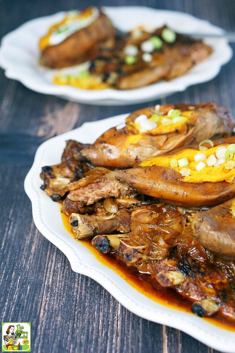 Closeup of a platter of ribs and sweet potatoes