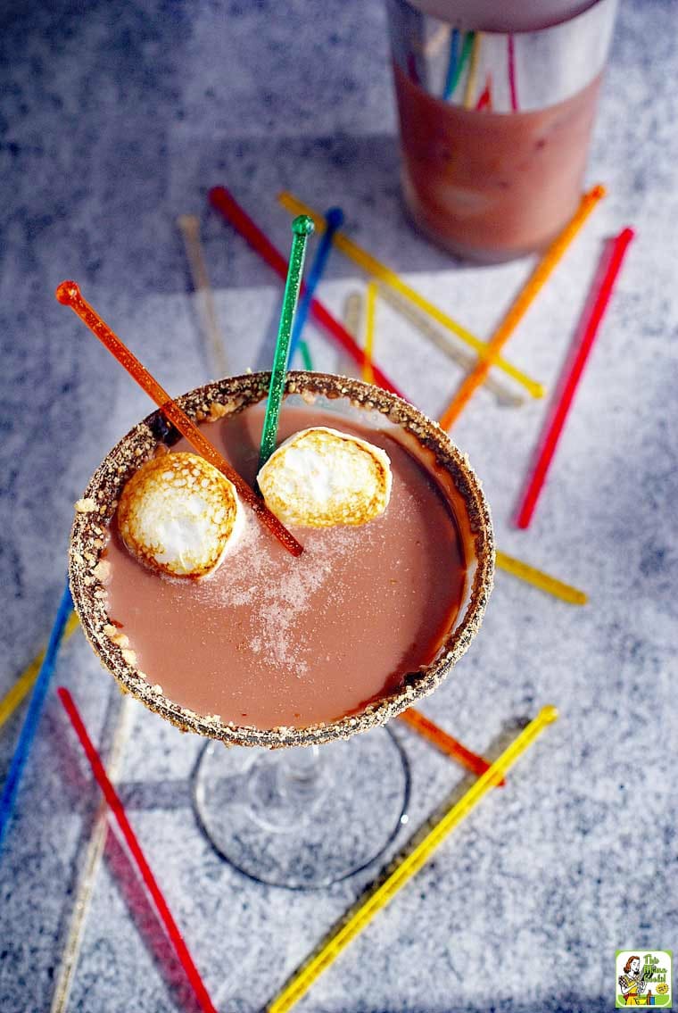 Overhead view of smores chocolate martini served with toasted marshmallows with cocktail stirrers.