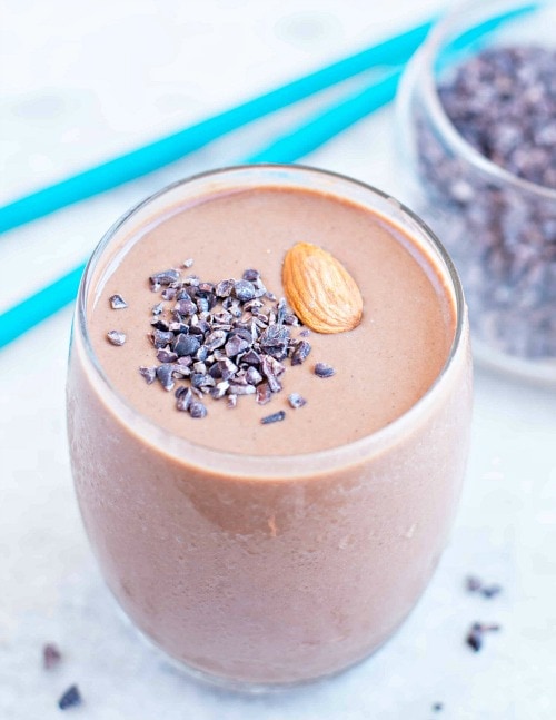 Glass of Cauliflower Chocolate Protein Smoothie.