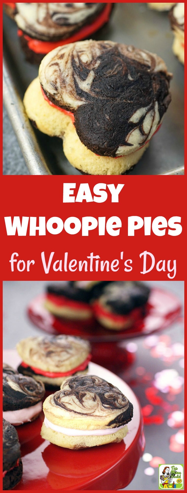 This Easy Whoopie Pies recipe for Valentine\'s Day is made from gluten-free cake mix in a heart shaped whoopie pie pan. The easy to make whoopie pie filling is a combination of store-bought frosting and Marshmallow Fluff. #recipe #easy #recipeoftheday #healthyrecipes #glutenfree #easyrecipes #desserts #dessertrecipes #dessertideas #baking #bakingrecipes #easybaking #ValentinesDay #dairyfree #whoopiepies