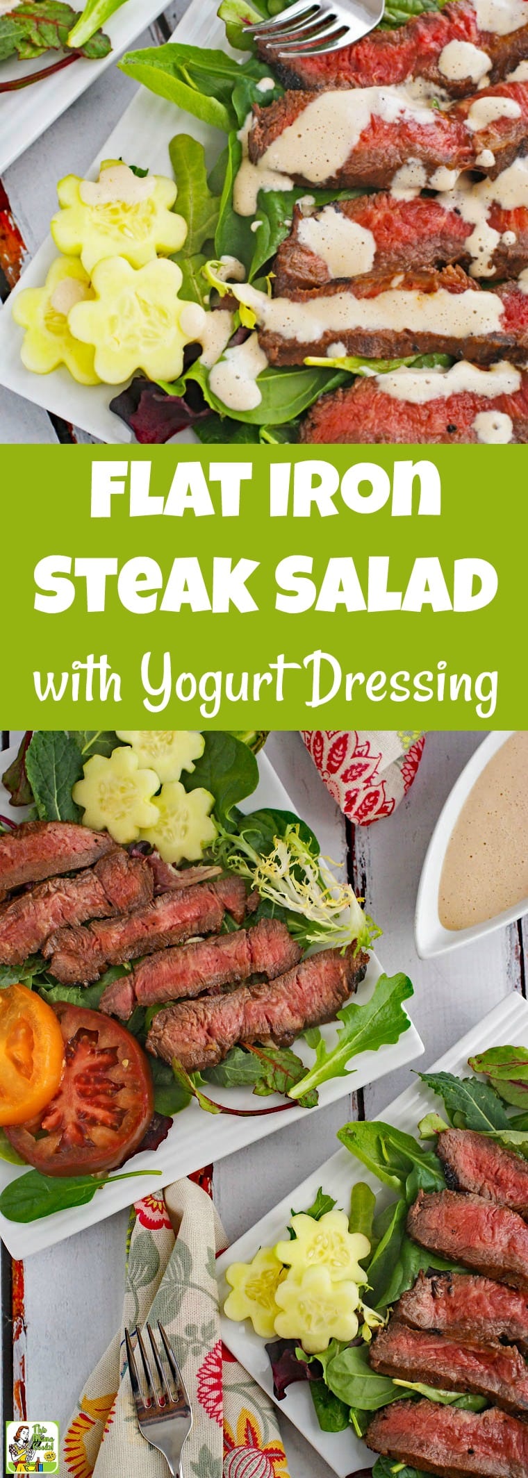 This flat iron steak salad with yogurt dressing recipe makes an easy weeknight dinner. The steak is tenderized with store-bought barbecue sauce and served with a healthy dinner salad. #recipes #easy #recipeoftheday #healthyrecipes #glutenfree #easyrecipes #salad #saladrecipes #grill #grilling #grillrecipes #grillingrecipes