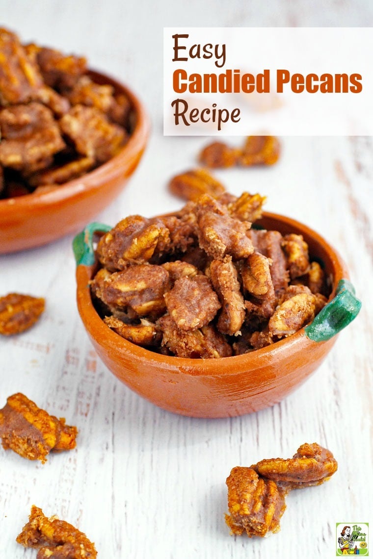 Closeup of bowls of Candied Pecans.