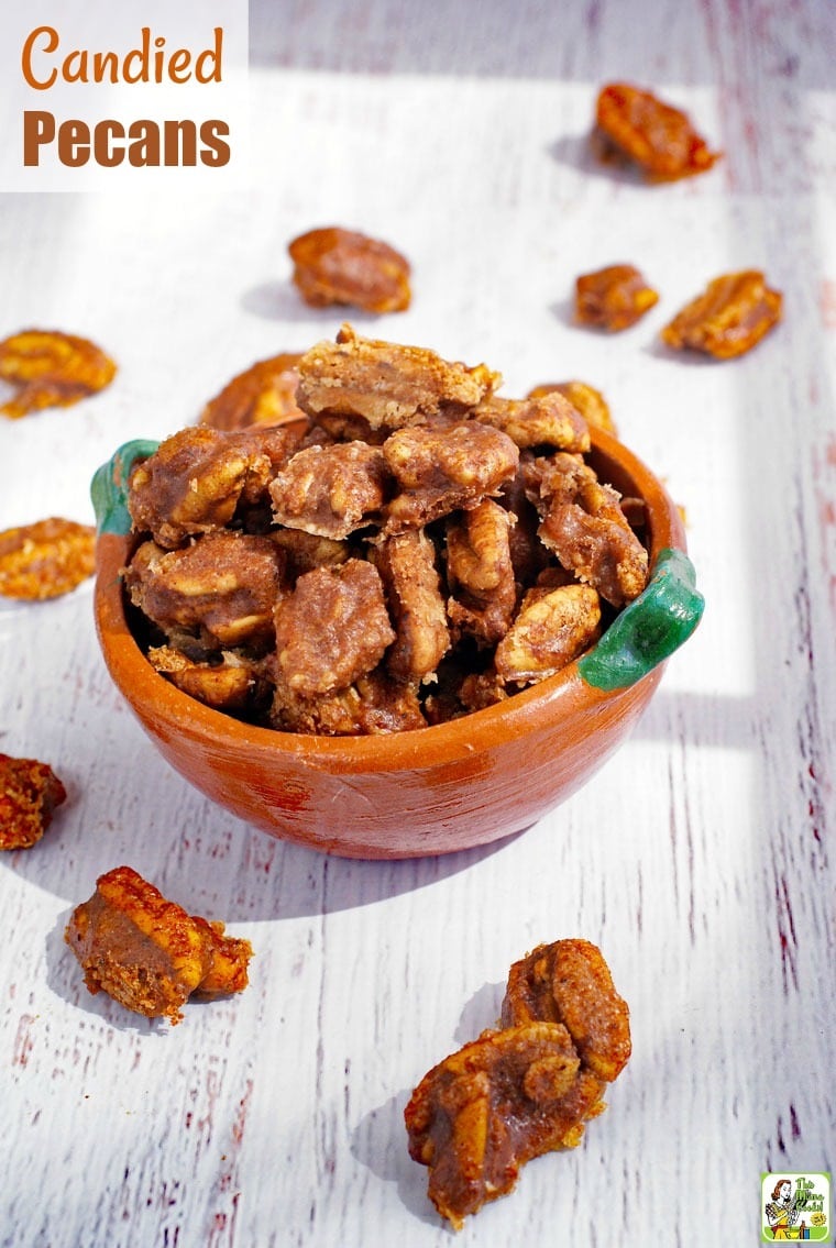 Closeup of a bowl of Candied Pecans.